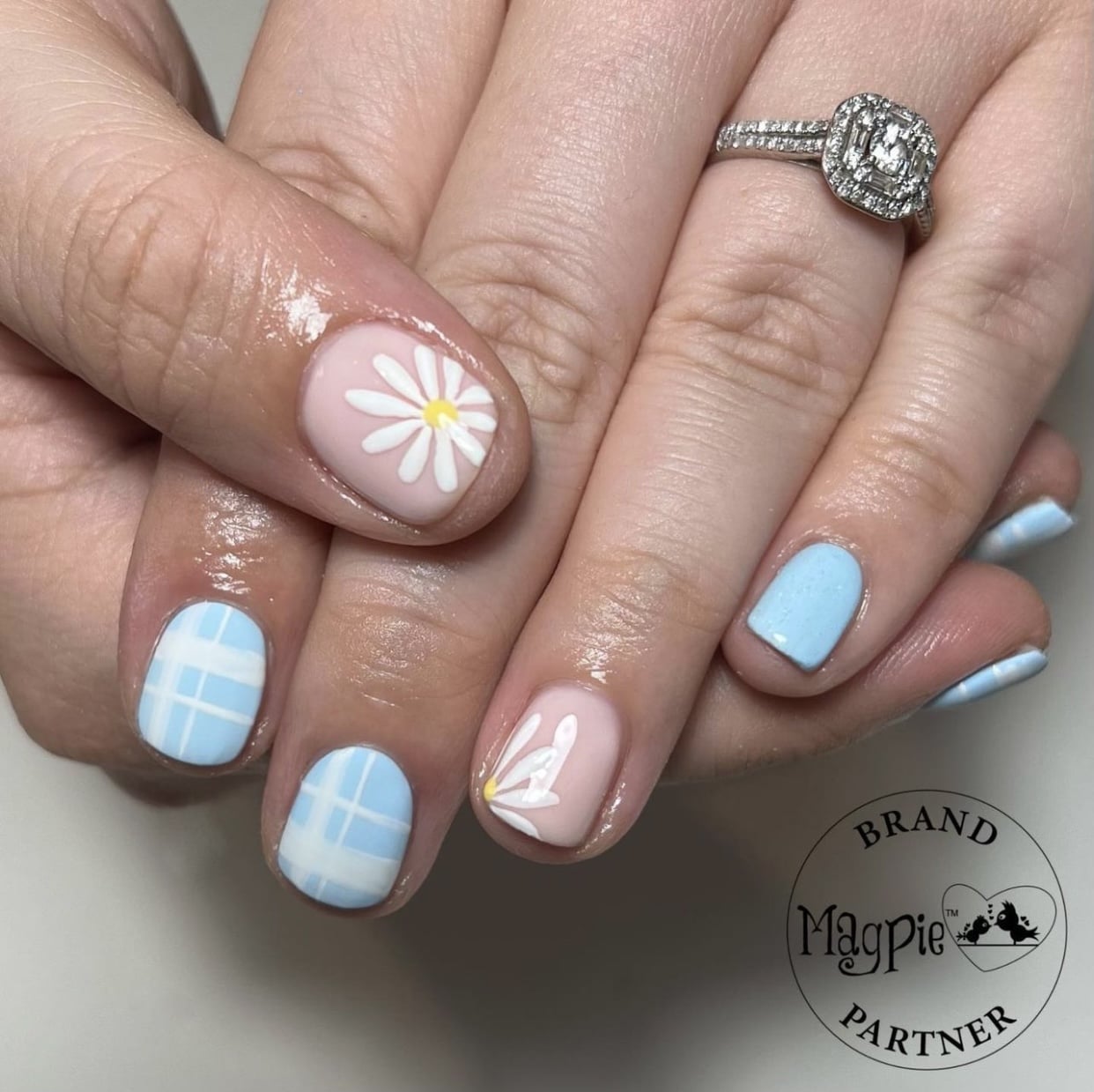 blue and white plaid nails